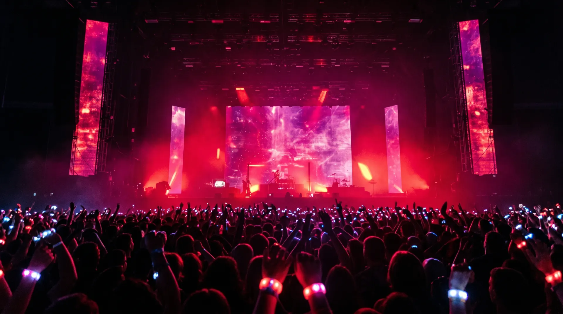 LED concert stage glowing in red and blue